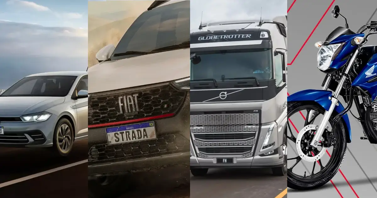 Montagem com um Volkswagen polo, uma fiat strada, um caminhão volvo FH 540 e uma moto Honda CG 160, os mais vendidos de cada categoria